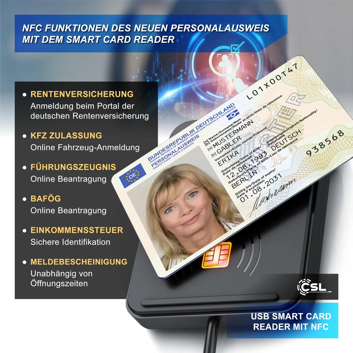 CSL - USB Chipkartenleser mit NFC - SmartCard Reader/SIM Kartenlesegerät - kompatibel mit Windows 11 - für den neuen Personalausweis Gesundheitskarte Bankkarten - EPA