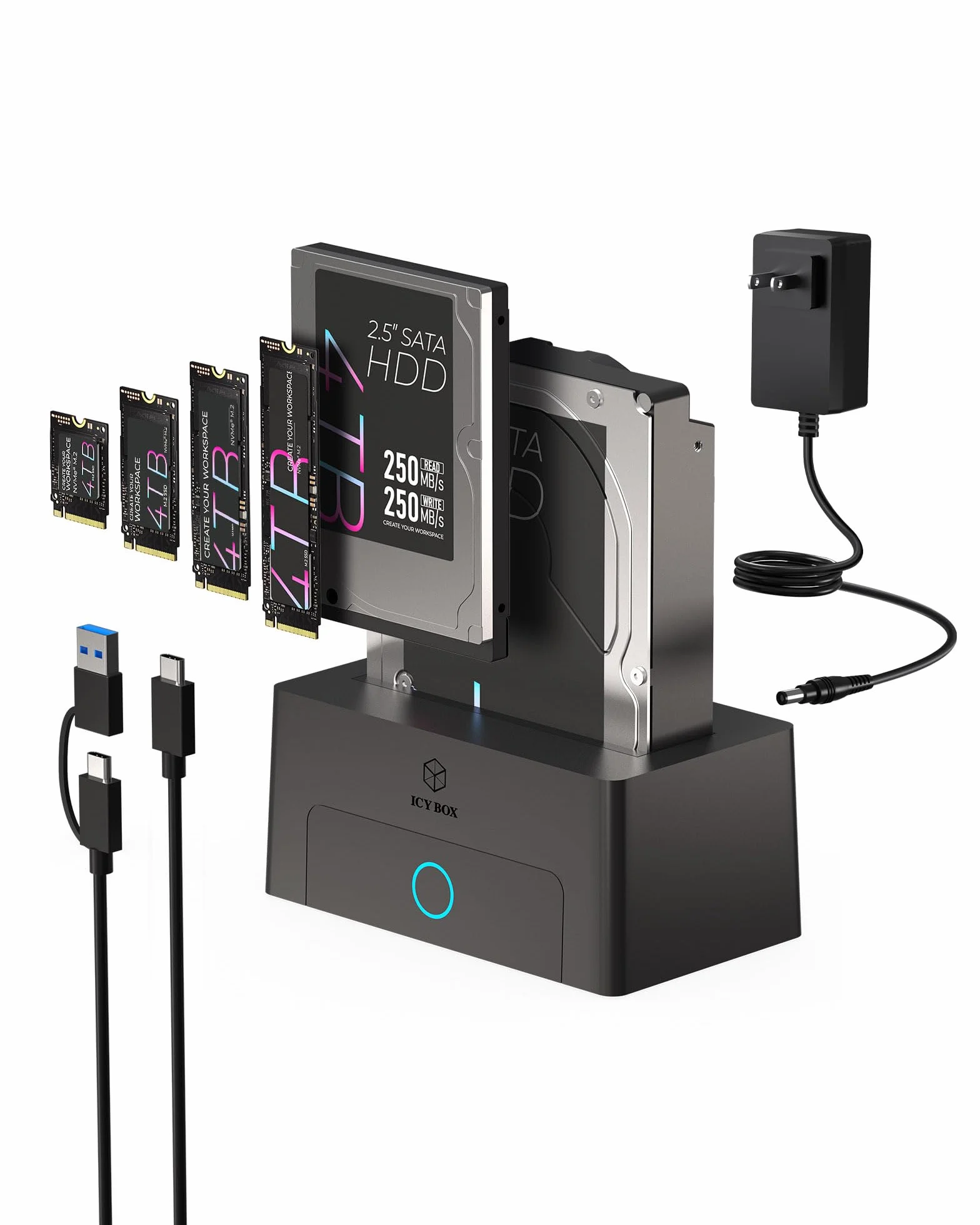 ICY Box Docking Station für M.2 NVMe & 2,5"/3,5" HDD/SSD, USB 3.2 Gen 2 Type-C (10 Gbps), HotSwap, UASP, SATA & NVMe Dock für SSD und Festplatten, IB-1123M-CU31, Spade Dock 1123