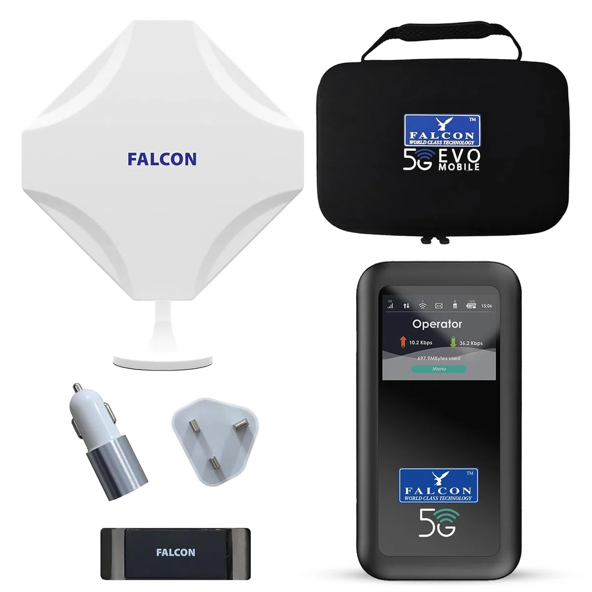 Falcon EVO Mobile Deluxe – Portable 5G Amplified Antenna Including 3400Mbps 5G Portable Router (Nano & eSIM Compatible) + Accessories