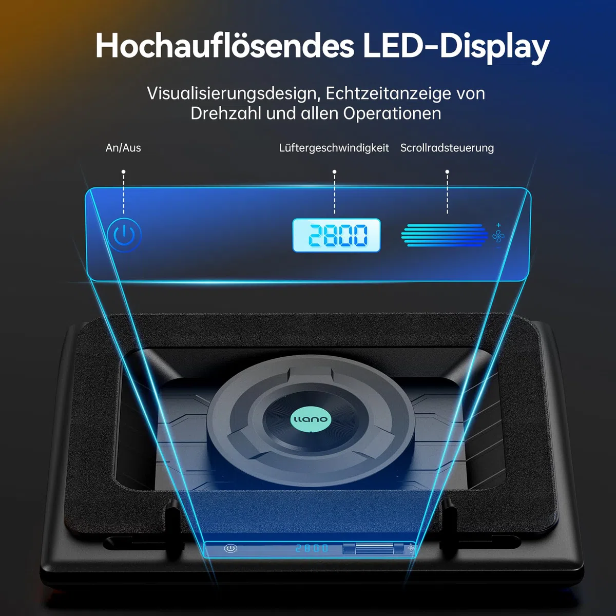 llano Gaming Laptop Kühler Kühlpad- mit stufenloser Geschwindigkeit 14cm Extra-groß Leistungsstarker Turbo-Lüfter & Dichtungsschaum schnelle Kühlung 15-19 Zoll Notebook 3-Port-USB-Hub Kein RGB