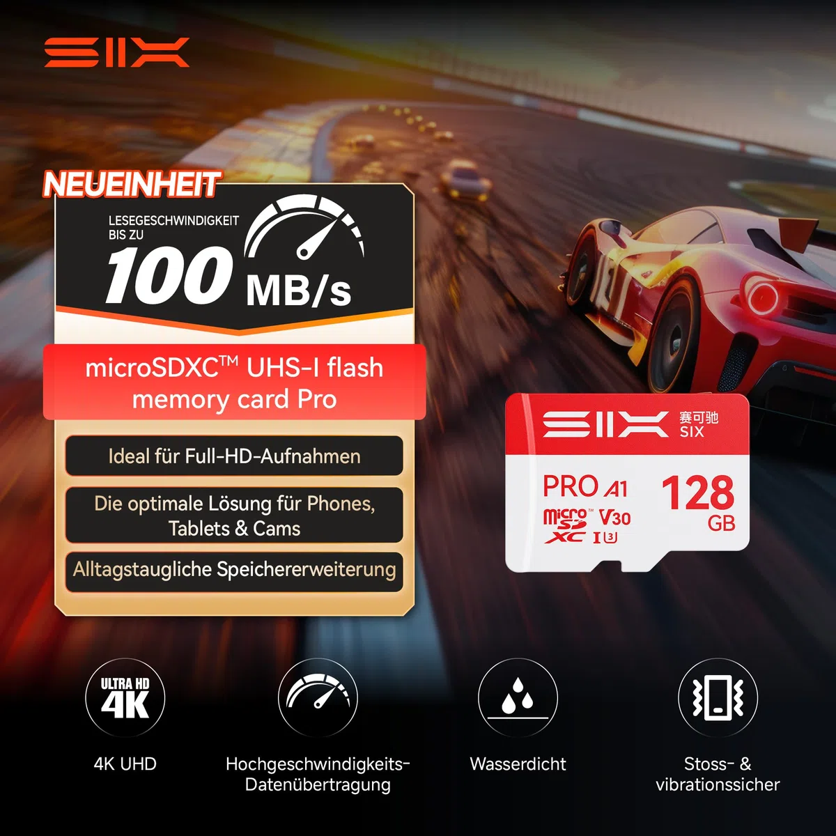 SIX 128GB Micro SD Karte - U3 V30 A1 100 MB/s Lesen Endurance MicroSDXC Memory Speicherkarte mit Adapter/Kartenleser für 4K UHD Enabled Dashcams, Action Cameras, Drones 128 gb Microsd Card