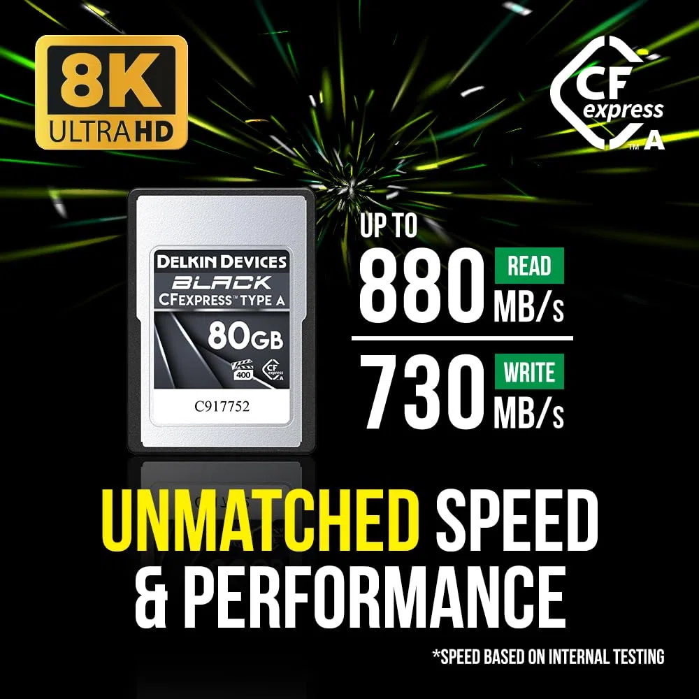 Delkin Devices CF Express Typ A Speicherkarte, 160 GB, bis zu 880 MB/s Lese- und 790 MB/s Schreibgeschwindigkeit, VPG 400 zertifiziert, Schwarz