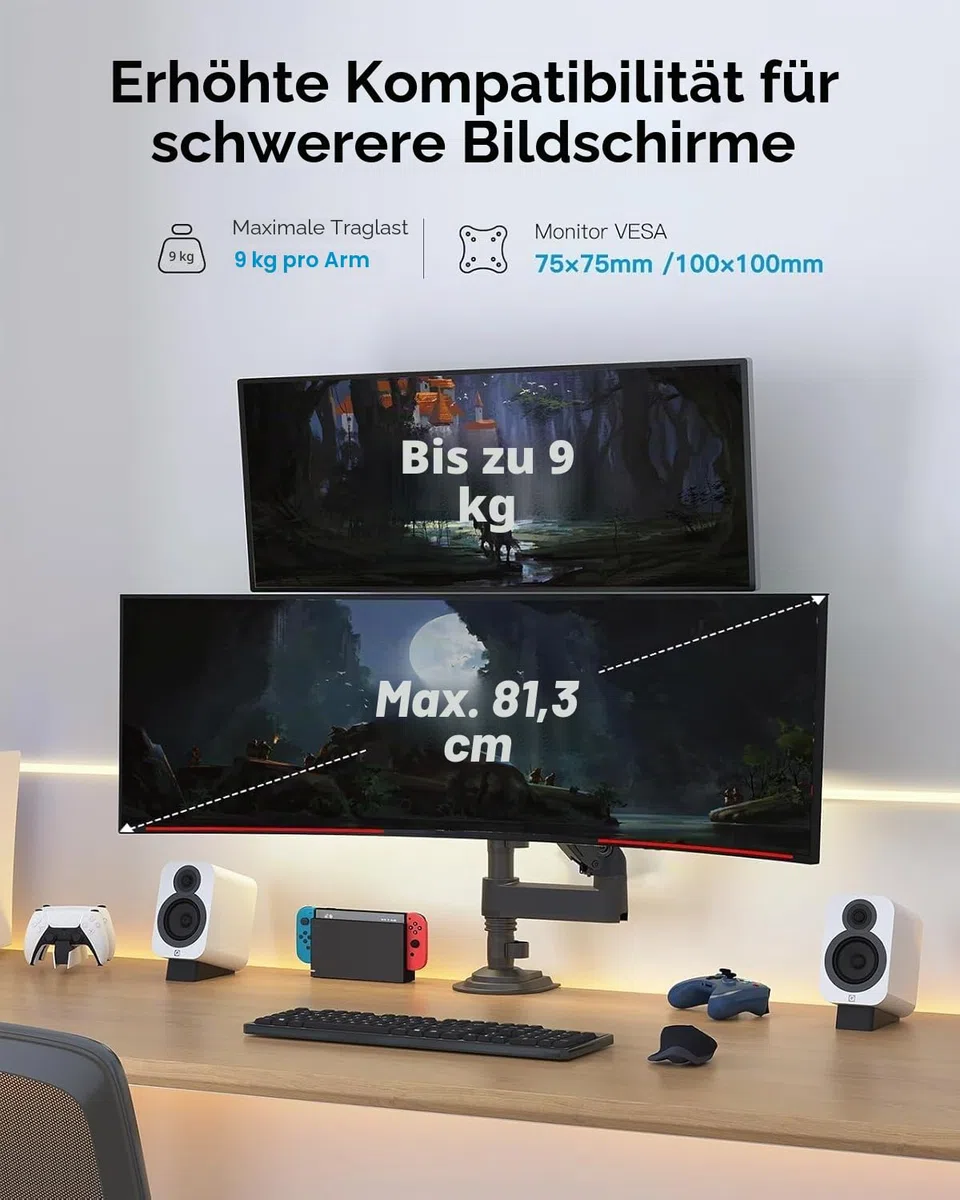 HUANUO Monitor Halterung 2 Monitore für 13-32 Zoll Bildschirm, Gaming Monitorhalterung 2 Monitore Höhenverstellbar mit 9KG Pro Arm, Bildschirmhalterung Neigbar Schwenkbar, VESA 75/100mm