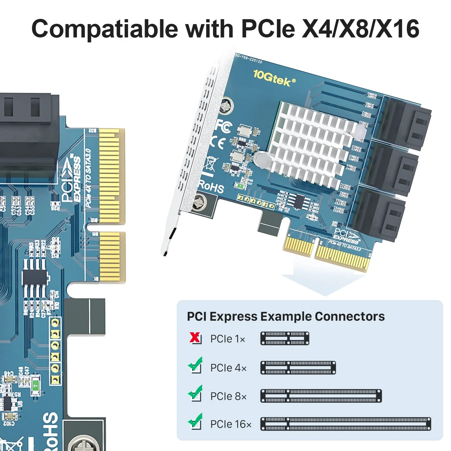 10Gtek PCIe SATA X4 Card 6 Port with 6 SATA Cables and Low Profile Bracket, 6Gbps SATA3.0 Controller PCI Express Expansion Card, Support 6 SATA 3.0 Devices