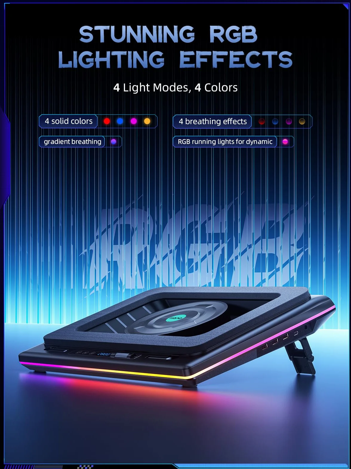 llano RGB Gaming Laptop Kühler Kühlpad Kühlkissen mit stufenloser Touch-Bedienung & 3 Port USB A, groß Leistungsstarker Turbo Lüfter Dichtungsschaum für 15-19'' Computer Notebook
