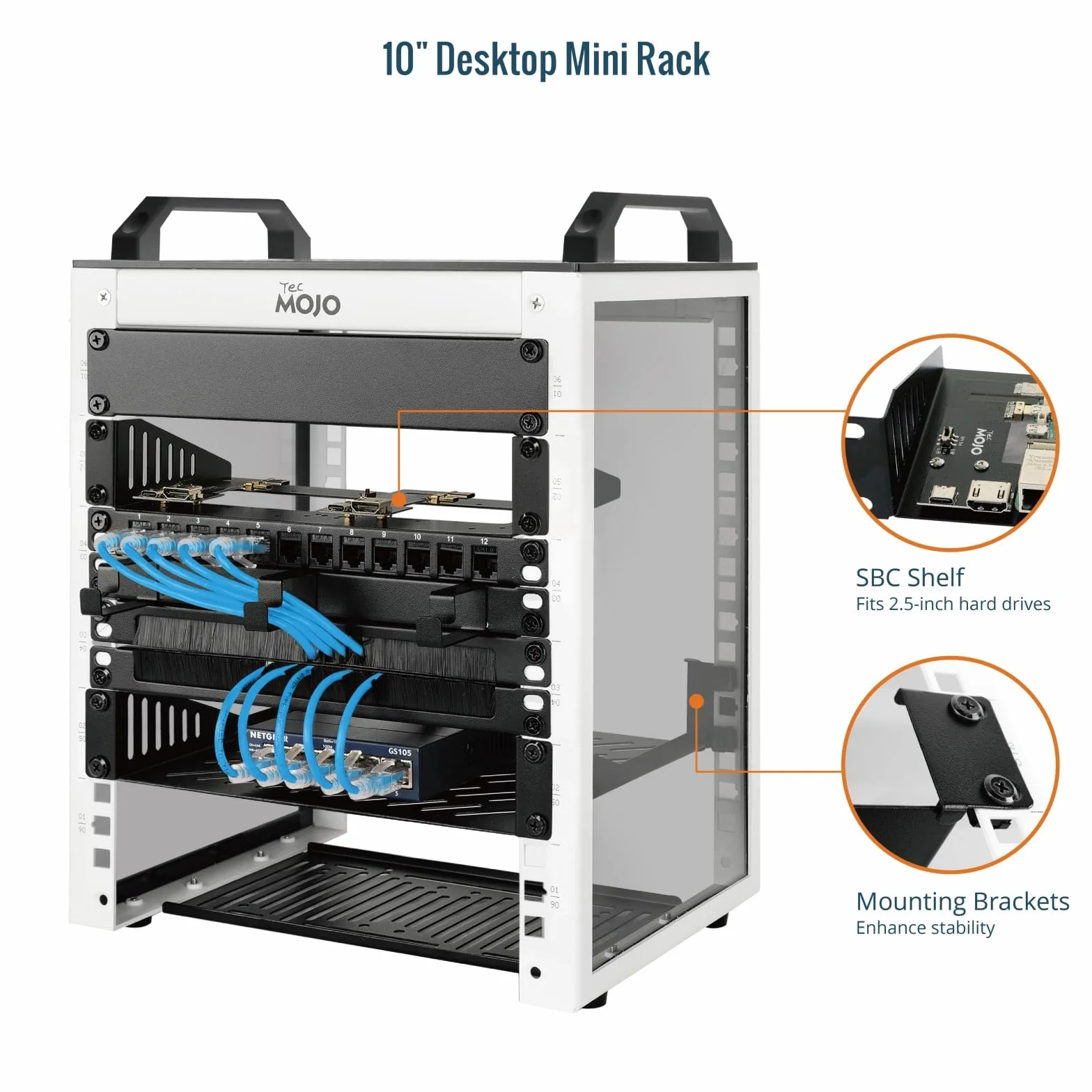 Tecmojo 10-Zoll Desktop-Mini-Rack, 6HE, 200 mm Tief, Netzwerk-Schrank mit SBC-Einschub, Micro-HDMI-zu-HDMI-Adapterplatine und Blindabdeckung, für 10-Zoll-AV-, NAS- und Servergeräte