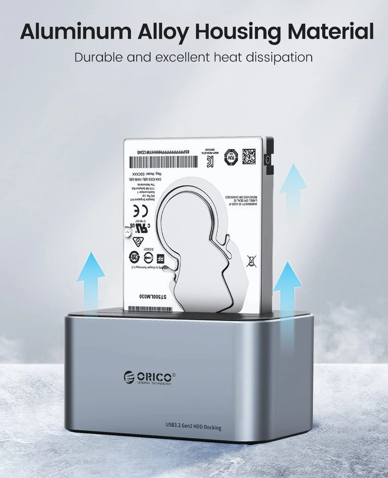 ORICO Aluminium Festplatten Dockingstation, 6Gbps USB 3.2 Gen 2 SSD/HDD Docking Station für SATA 2,5/ 3,5 Zoll bis zu 18 TB, mit 12V 2A Netzteil, Unterstützt USB A und USB C, Werkzeugfrei(6616C3)