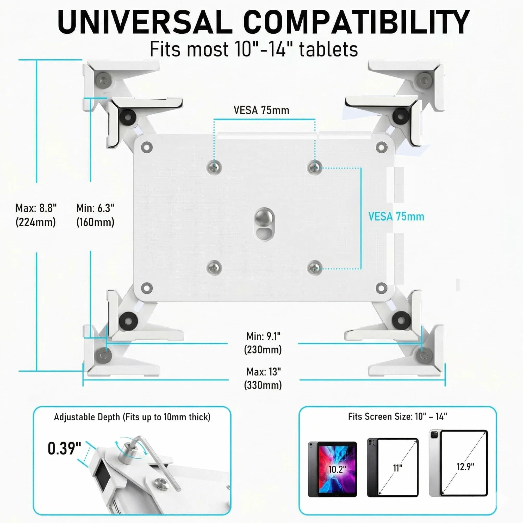 Tablet Wandhalterung, Metallgehäuse iPad Halterung Für Retail POS Kiosk, Smart Home, Diebstahlschutz Low Profile VESA 75x75 Ständer, Hoch- Oder Querformat, Für 10-14 Zoll Pro Air Galaxy Tab, Weiß