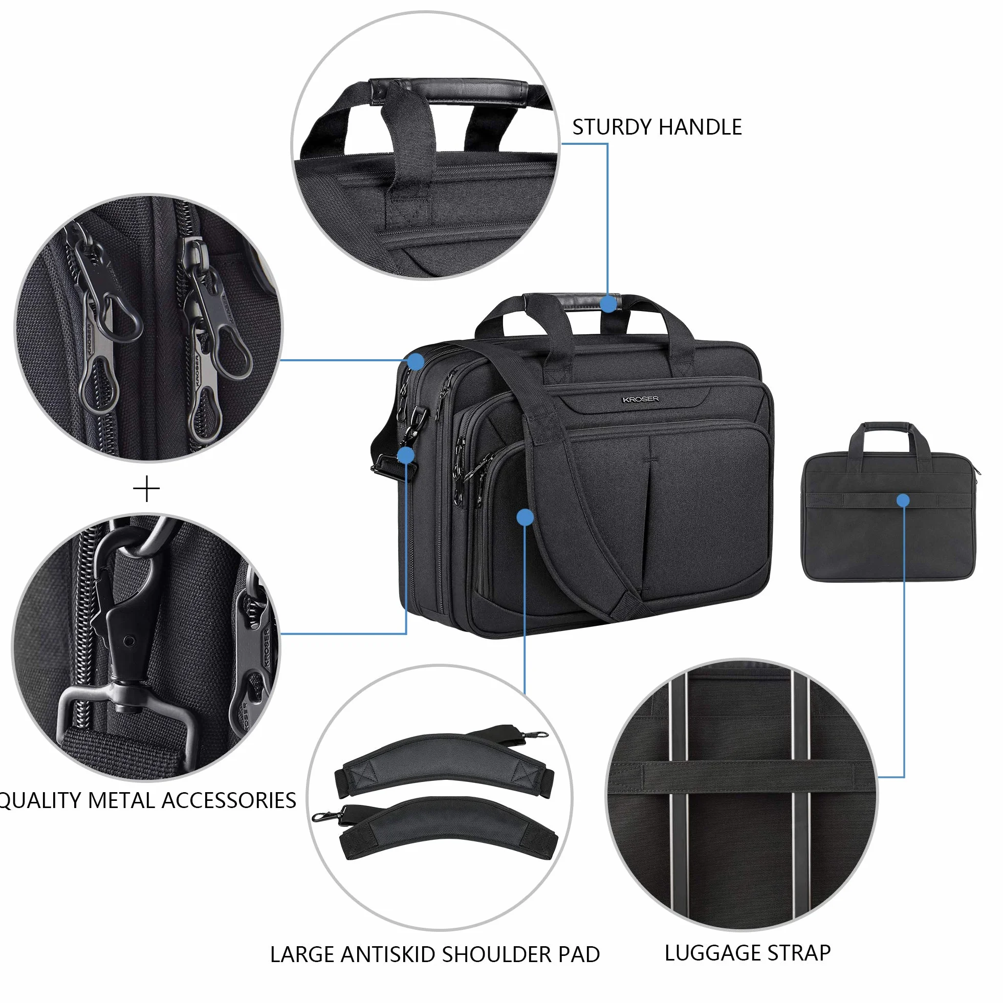KROSER LaptopTasche 18" Upgrade Erweiterbare Leichte Aktentasche für 17,3" Laptop Premium Arbeitstasche Wasserdichte Umhängetasche mit RFID-Taschen für Schule/Reisen/Frauen/Männer-Schwarz MEHRWEG