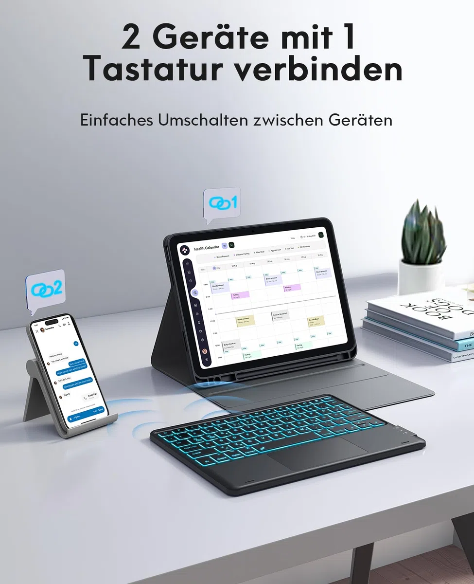 CHESONA Hülle mit Tastatur für iPad 10 Generation/11 Generation A16 2025, 7 Farben Beleuchtung, Multi Touch Trackpad, 2 Bluetooth Kanäle für Neu iPad 10. Gen 2022/2025 11", Schwarz