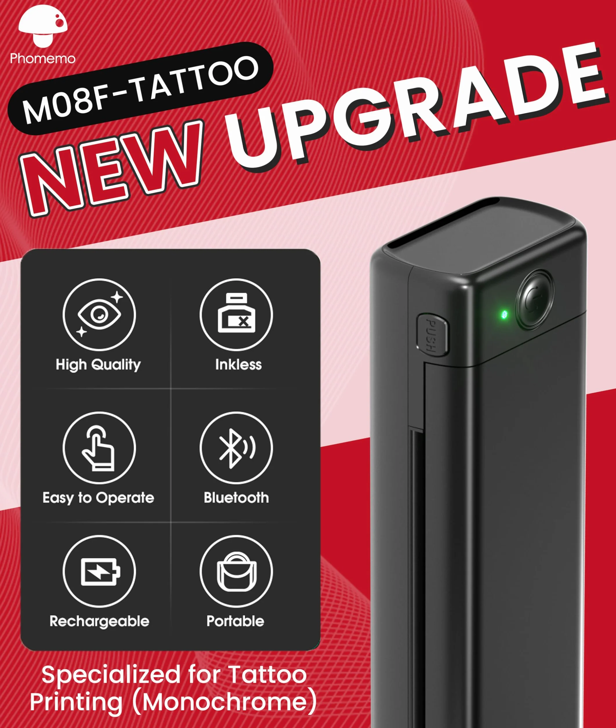 Phomemo M08F Tattoo Drucker, Tattoo Stencil Drucker Schablonendrucker mit 10pcs Transferpapier Kompatibel mit Phone Tablet PC & Offiziellem Transferpapier für Tattoo Künstler und Anfänger