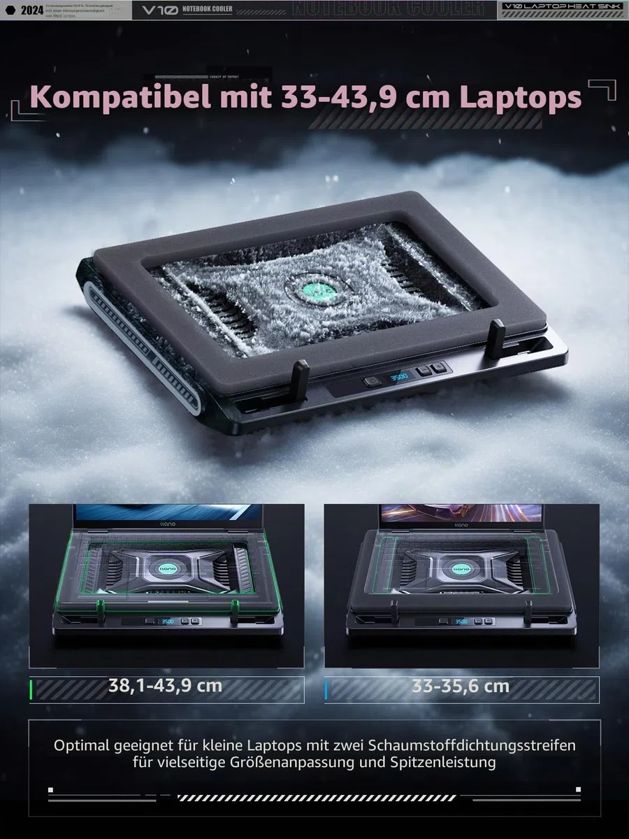 llano Gaming Laptop Kühler Kühlpad mit 3500RPM Turbofan 4,72'' externem Lüfter Ständer verstellbare Geschwindigkeit Tastensteuerung Dichtschaum schnelle Kühlung Laptops 13-17,3'' KEIN RGB NO Ports