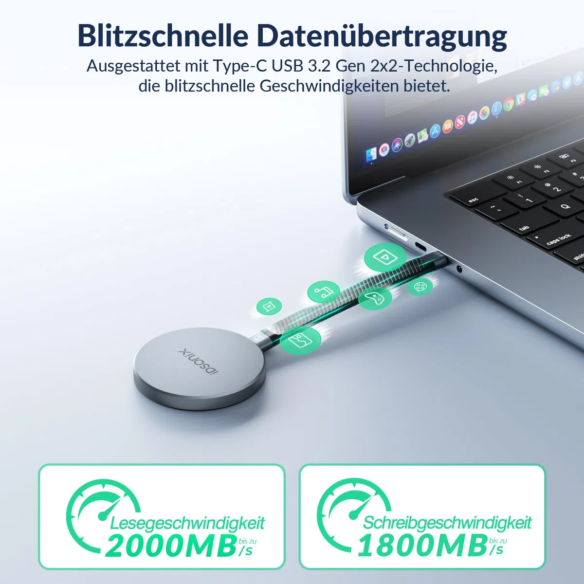 iDsonix 2TB Magnetische Externe SSD, bis zu 2000 MB/s, Aluminium Portable SSD USB 3.2 Gen 2x2, 4K Prore HDR, Externe Solid State Drive für iPhone 17/16/15/PS5/Android-Smartphones/Mac/Windows/Tablets
