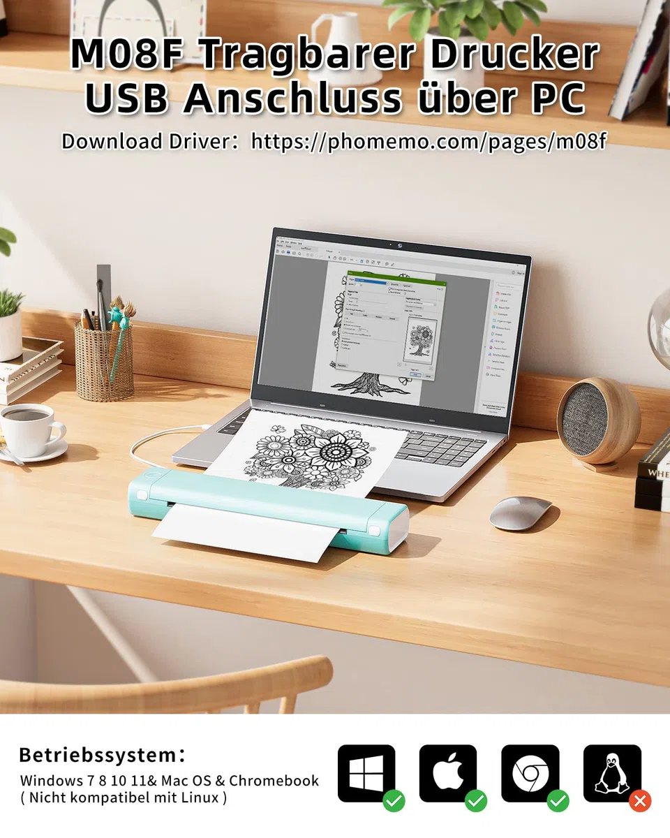 Phomemo M08F A4 Tragbarer Thermodrucker, Mobiler Monochrom Drucker unterstützt 210x297mm A4 Thermopapier, Bluetooth Drucker für Auto, Büro, Zuhause, für Phone & PC mit 1 Aufbewahrungskoffer