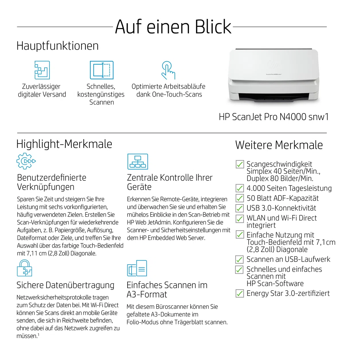 HP ScanJet Pro N4000 snw1, Scanner, Einzelblattzufuhr, 50-Blatt ADF, Ethernet, USB 3.0, Wi-Fi, bis zu 4.000 Seiten täglich, Kurzbefehle, Farbiger Touchscreen