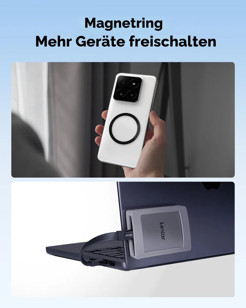Lexar Portable SSD mit Magnetsatz 2TB, Externe SSD USB 3.2 Gen 2 bis zu 1050 MB/s Lesen und 1000 MB/s Schreiben, kompatibel mit iPhone 15/16, PC & Mac, Type-C-Laptops, Tablets, PS5, PS4