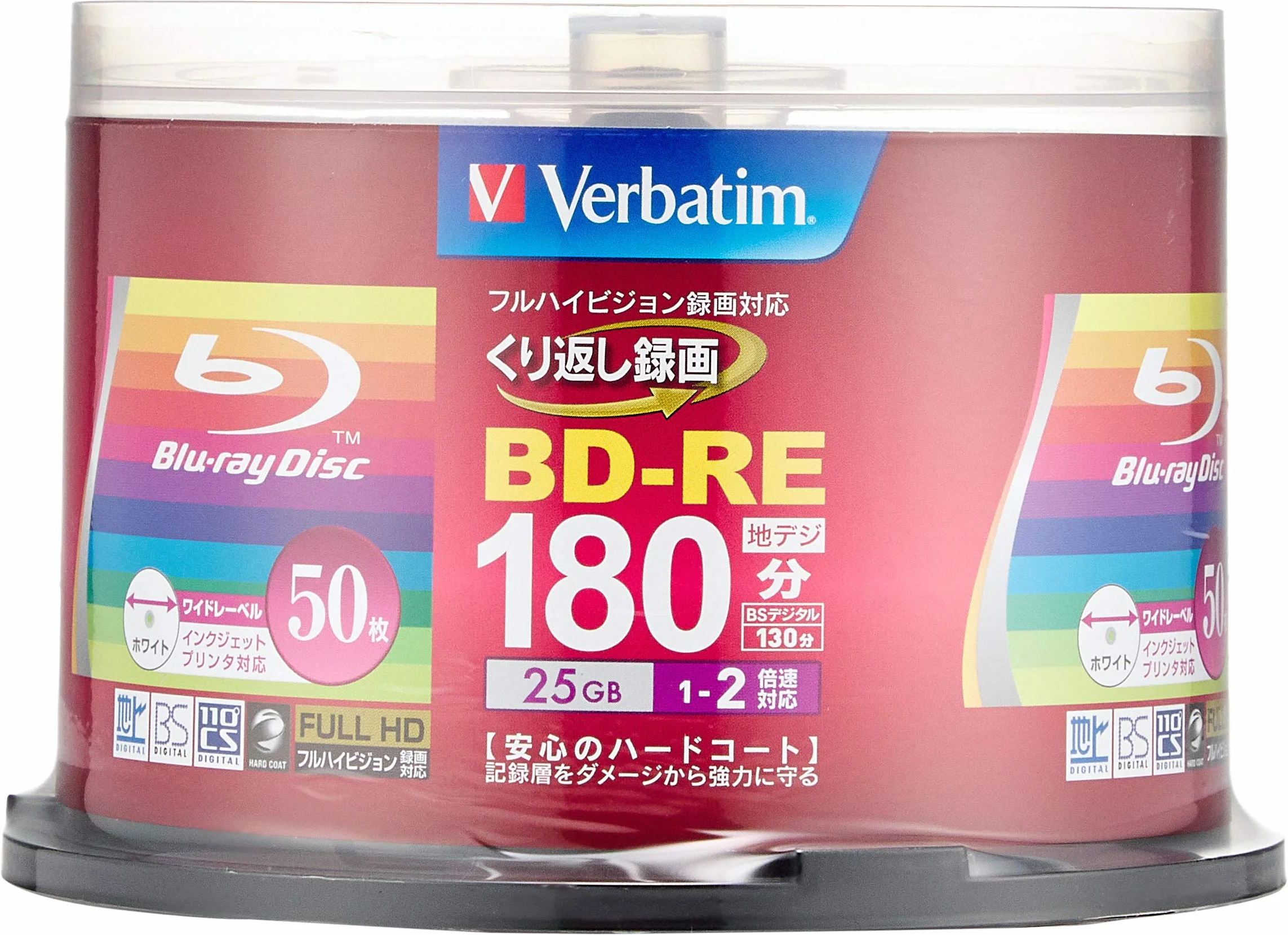Verbatim Japan VBE130NP50SV1 Blu-ray Disc für wiederholte Aufnahmen, 25 GB, 50 Blatt, weiß druckbar, einseitig, 1 Schicht, 1-2x Geschwindigkeit