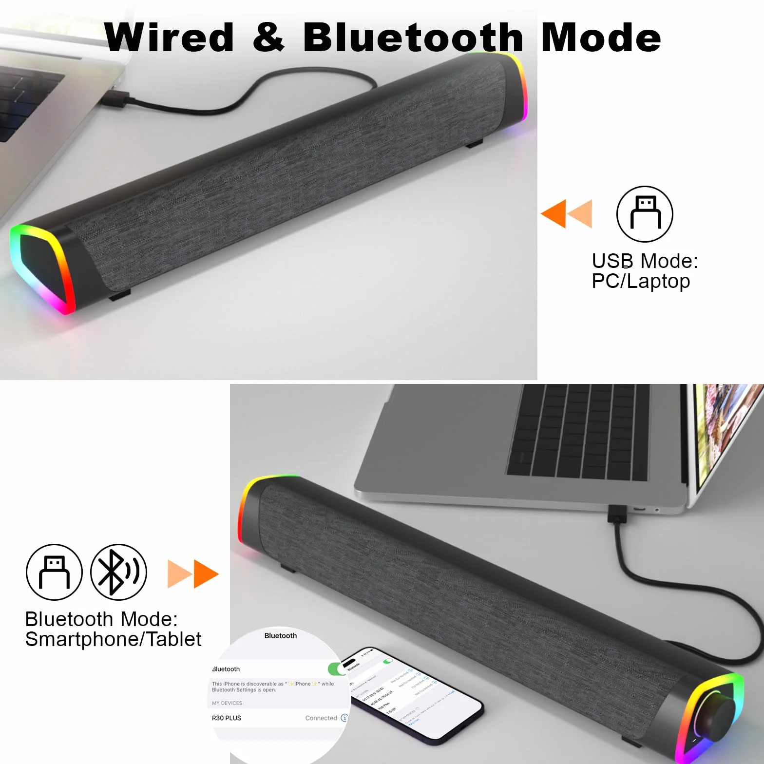 SOULION R30 Plus Computer Lautsprecher, USB-betriebene Bluetooth PC-Soundbar, LED-Lichter mit Schaltertaste, tragbare Computer-Soundbar für Desktop Laptops, Schwarz (kein 3,5-mm-AUX)