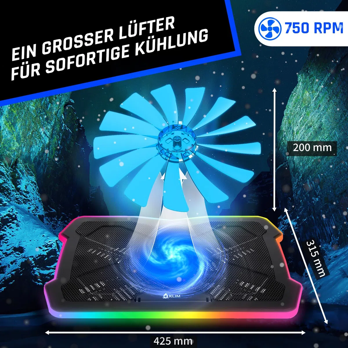 KLIM Ultimate Laptop Kühler + NEU + Gaming Cooling Pad + Stabiler RGB Ständer mit Lüfter + Kompatibel bis zu 17" + USB-Lüfter + Für PC Mac PS5 PS4