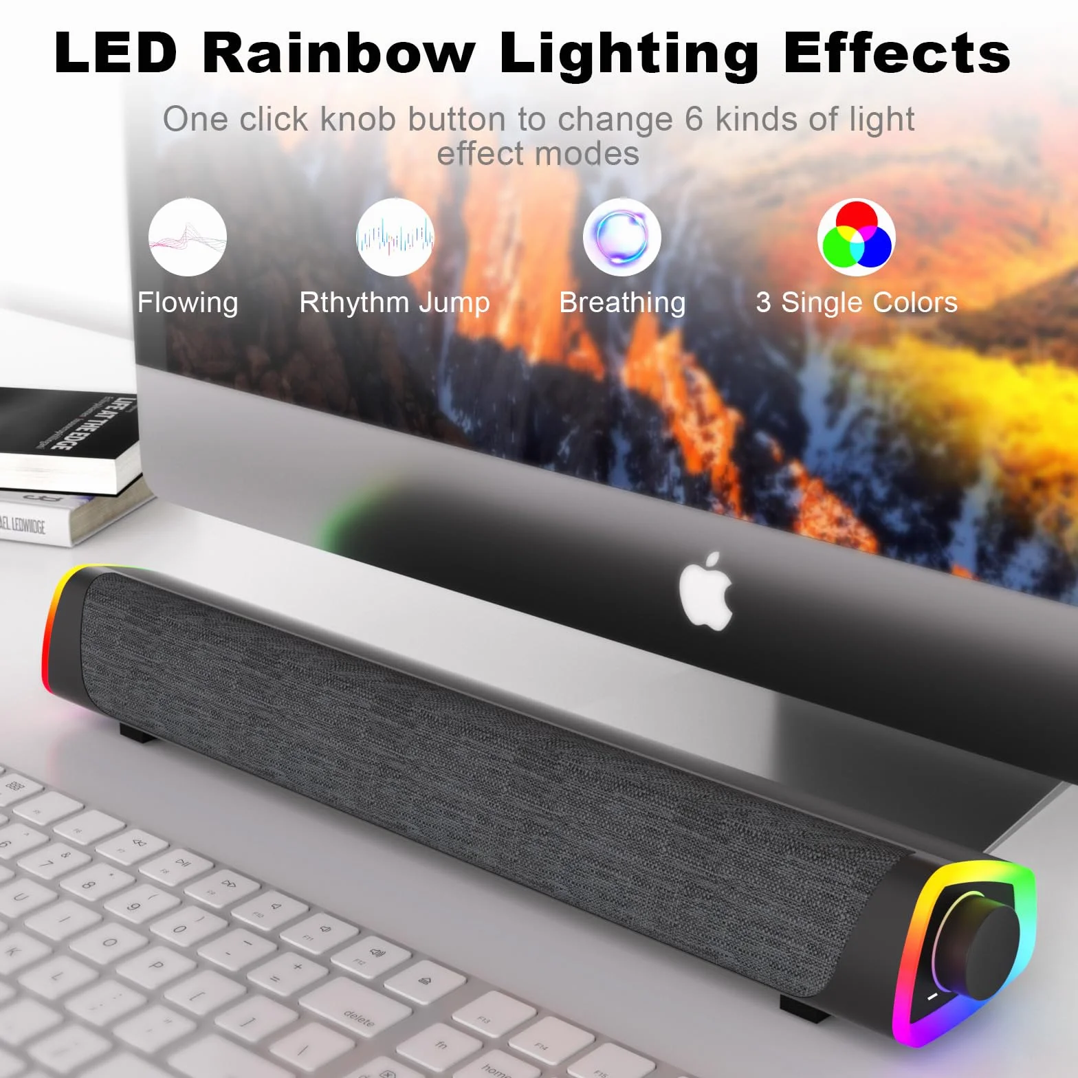 SOULION R30 Plus Computer Lautsprecher, USB-betriebene Bluetooth PC-Soundbar, LED-Lichter mit Schaltertaste, tragbare Computer-Soundbar für Desktop Laptops, Schwarz (kein 3,5-mm-AUX)