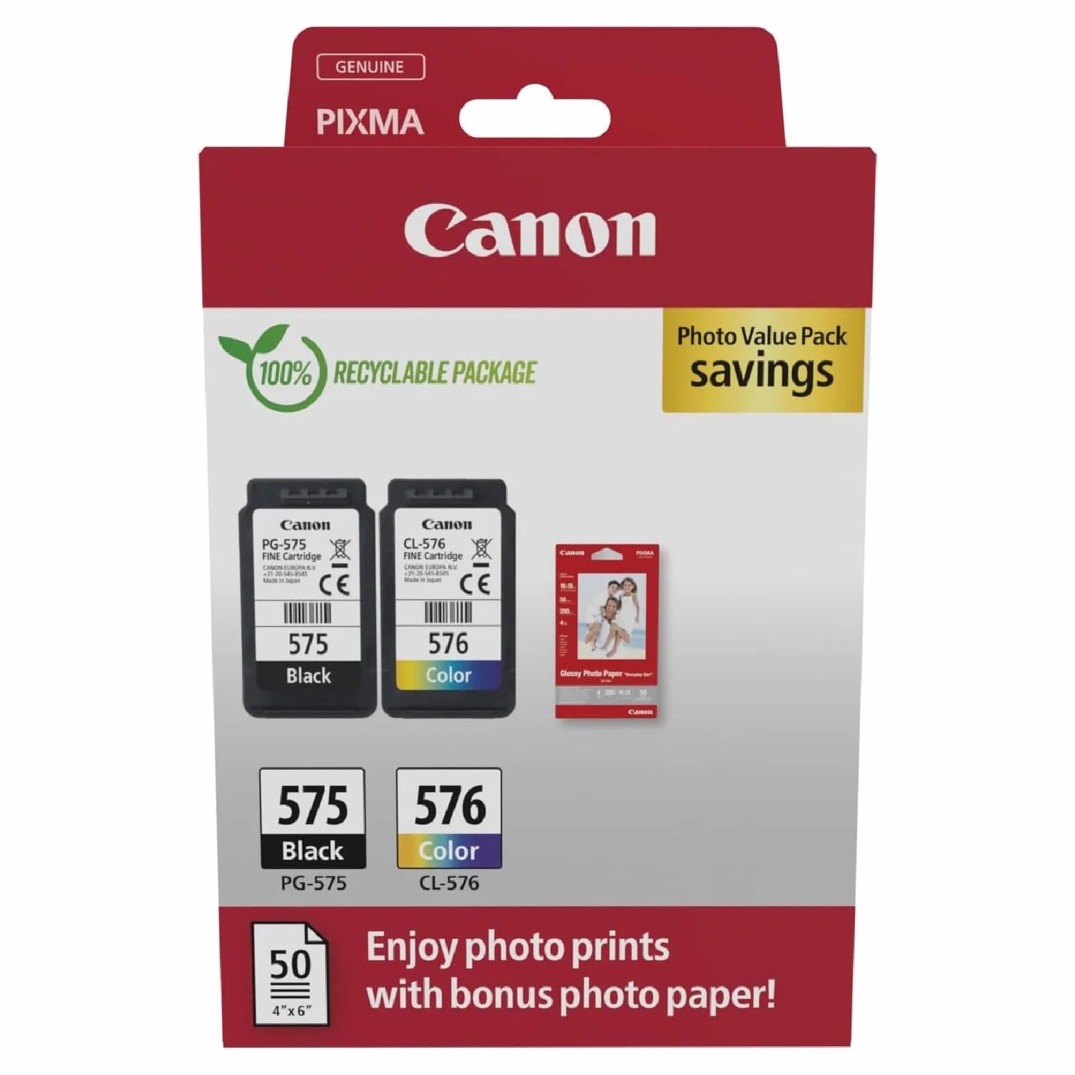 Canon PG-575 CL-576 Original Tintenpatronen 2er Pack mit 4x6 Fotopapier 50 Blatt