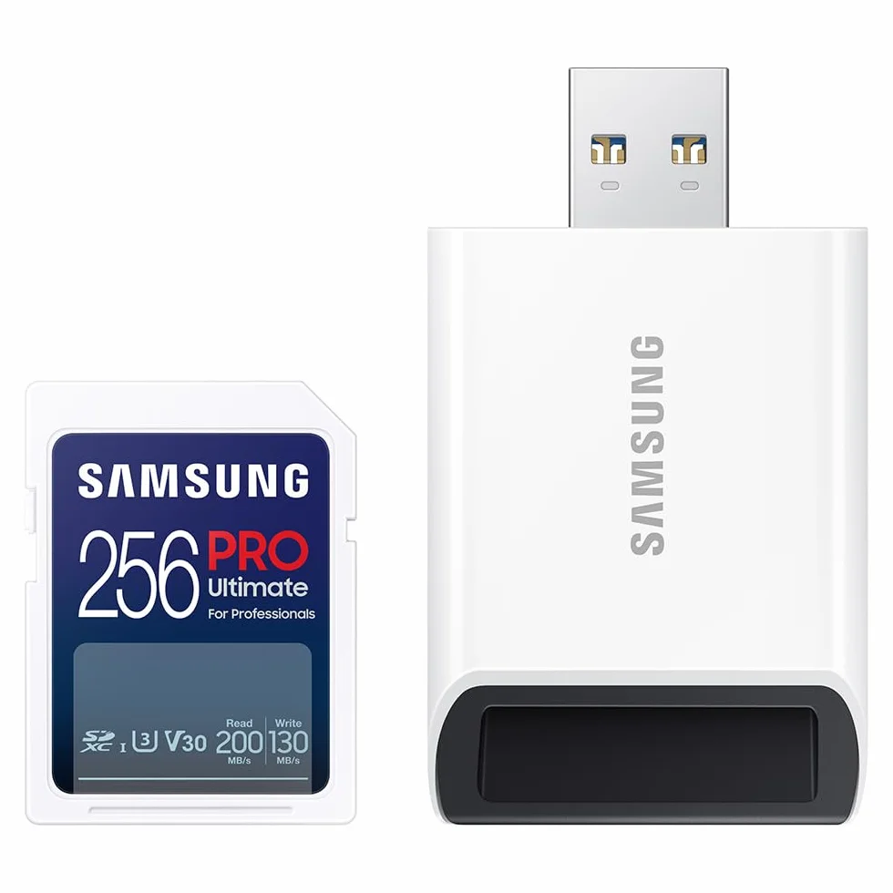 Samsung PRO Ultimate SD-Karte, 256 GB, UHS-I U3, Full HD & 4K UHD, 200 MB/s Lesen, 130 MB/s Schreiben, Speicherkarte für Kamera, PC, Drohne oder Action-Cam, Inkl. USB-Kartenleser, MB-SY256SB/WW