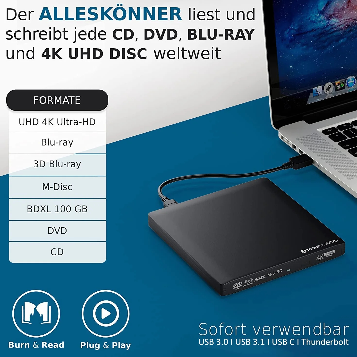 techPulse120 Externes USB 3.1 USB-C UHD 4k 3D M-DISC Blu-ray DVD CD BDXL HDR10 128GB Laufwerk Brenner Burner Superdrive BD Imperator Paket Tasche 90cm Anschlusskabel Aluminium Schwarz