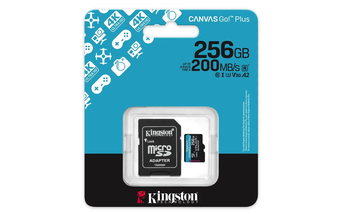 Kingston Canvas Go Plus microSDXC Speicherkarte Gen4 200MB/s A2 U3 V30 256GB Karte + Adapter-SDCG4/256GB