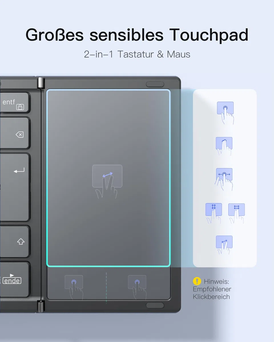Inateck Faltbare Mini Tastatur, KI-Funktion mit Touchpad,3 Bluetooth-Kanälen, kompatibel mit iPadOS Android, Windows, QWERTZ, KB604