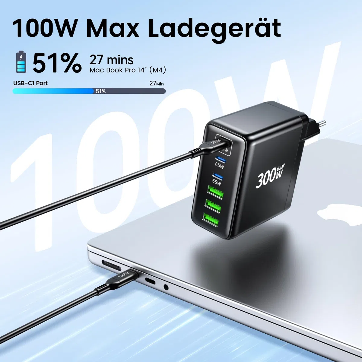 HSSNS 300W USB-C Ladegerät, 6 Port USB Ladegerät Mehrfach Schnellladegerät mit 3 USB-C und 3 USB-A, GaN PD Charger für MacBook iPad Pro/Air, iPhone 17 16 15 Pro Max, Samsung usw.