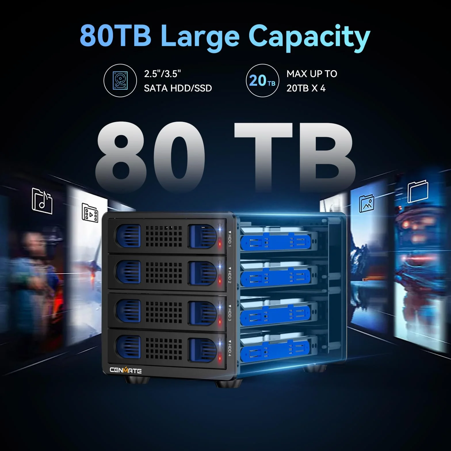 Festplattengehäuse, 10Gbps Aluminium 4 Bay Gehäuse mit Kühllüfter für 2.5/3.5 SATA HDD/SSD mit USB A/C 3.2, unterstützt Hot Swappable, werkzeugfrei HDD Gehäuse, DAS(NO RAID/NAS)
