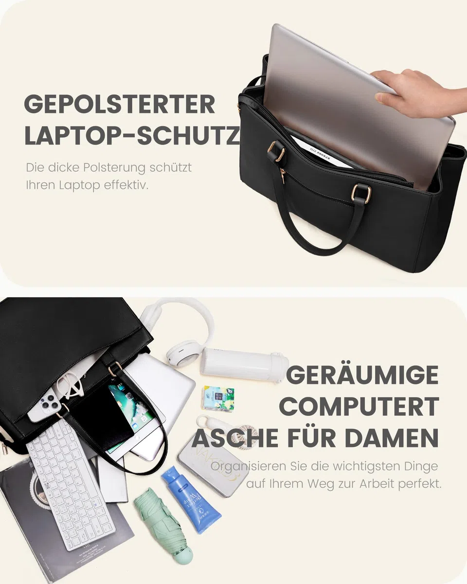 LOVEVOOK Laptoptasche Damen 15,6 Zoll, Leicht Aktentasche Arbeitstasche Handtasche Groß, Elegant Laptop Bag Business Shopper Tasche Lehrertasche Schultertasche Women für Uni Schule Büro, Schwarz