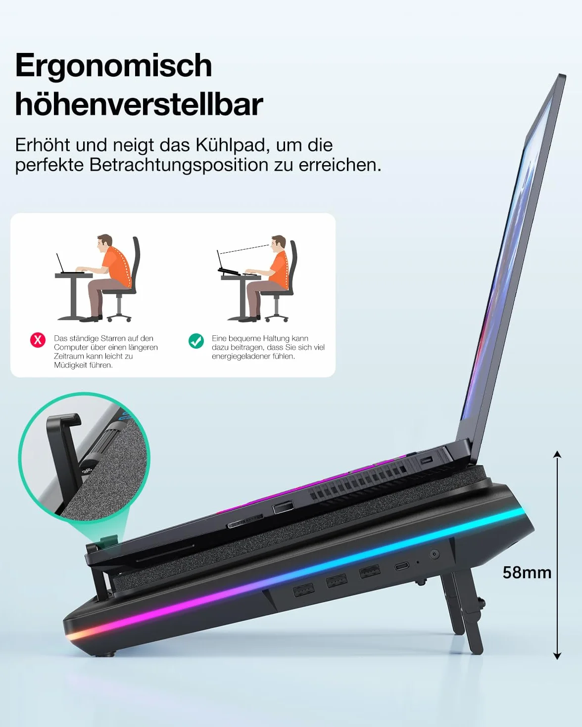 llano RGB Gaming Laptop Kühler Kühlpad mit Touch-Bedienung stufenloser Geschwindigkeit &14cm Extra-groß Leistungsstarker Turbo-Lüfter Dichtungsschaum 3-Port-USB-Hub für 15-19 Zoll Notebook