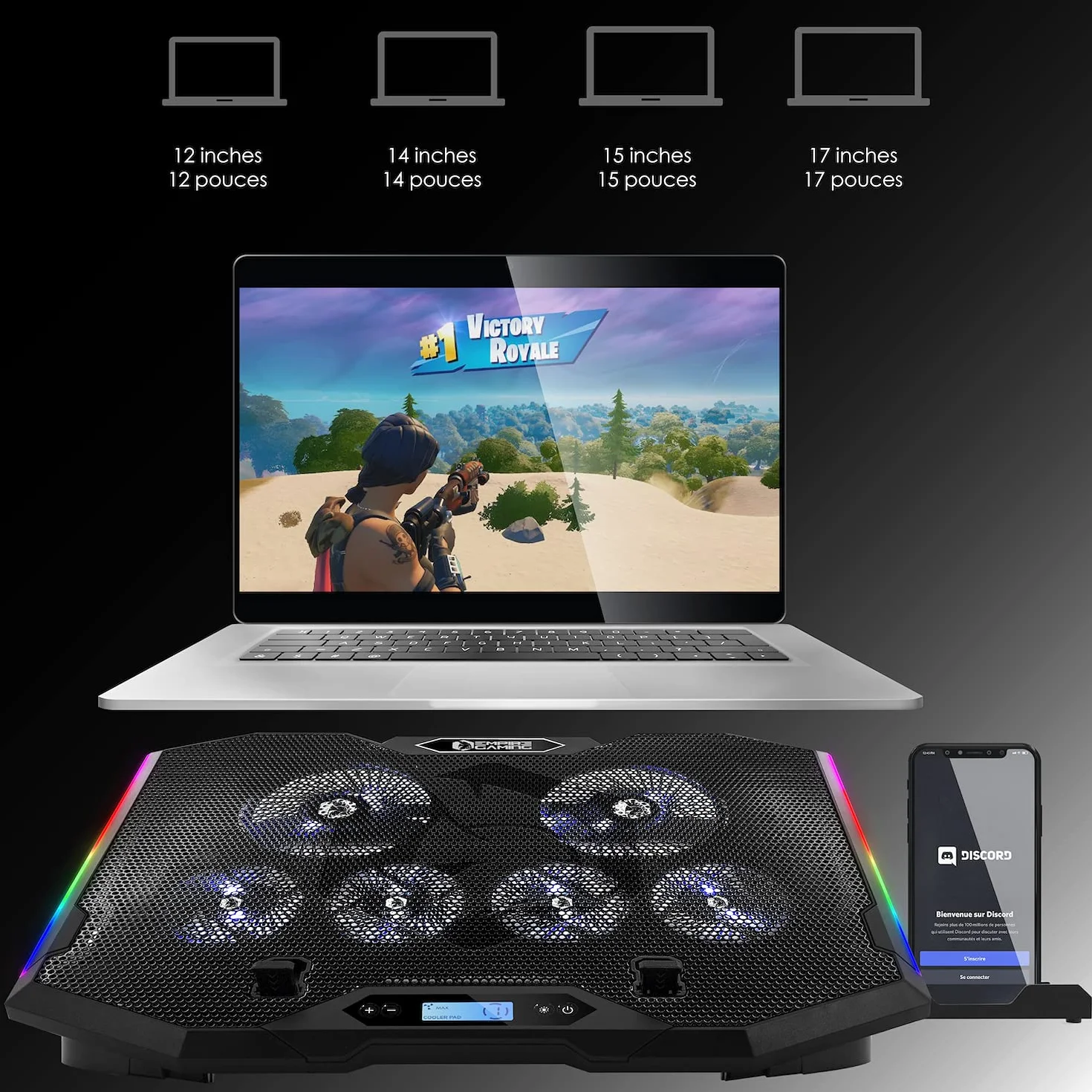 EMPIRE GAMING - Guardian S-C100 Laptop-Kühler RGB Gamer – 6 Ventilatoren - LCD-Controller - 5 Höheneinstellungen – Kompatibel für 12 bis 17 Zoll – Abnehmbarer Smartphone-Halter, Luft