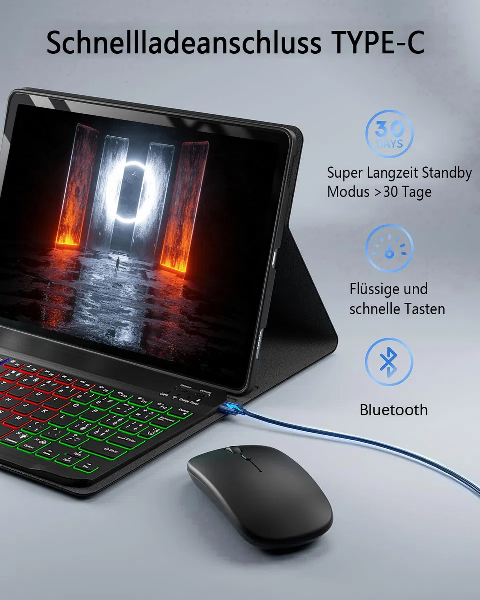 für Lenovo Idea Tab Pro 12.7 Zoll (2025) Hülle mit Kabelloses Bluetooth Deutsch (QWERTZ) Beleuchtete Farbige Tastatur und Maus,Farbige Hintergrundbeleuchtung Magnetisch Abnehmbar,Backlit Keyboard Case