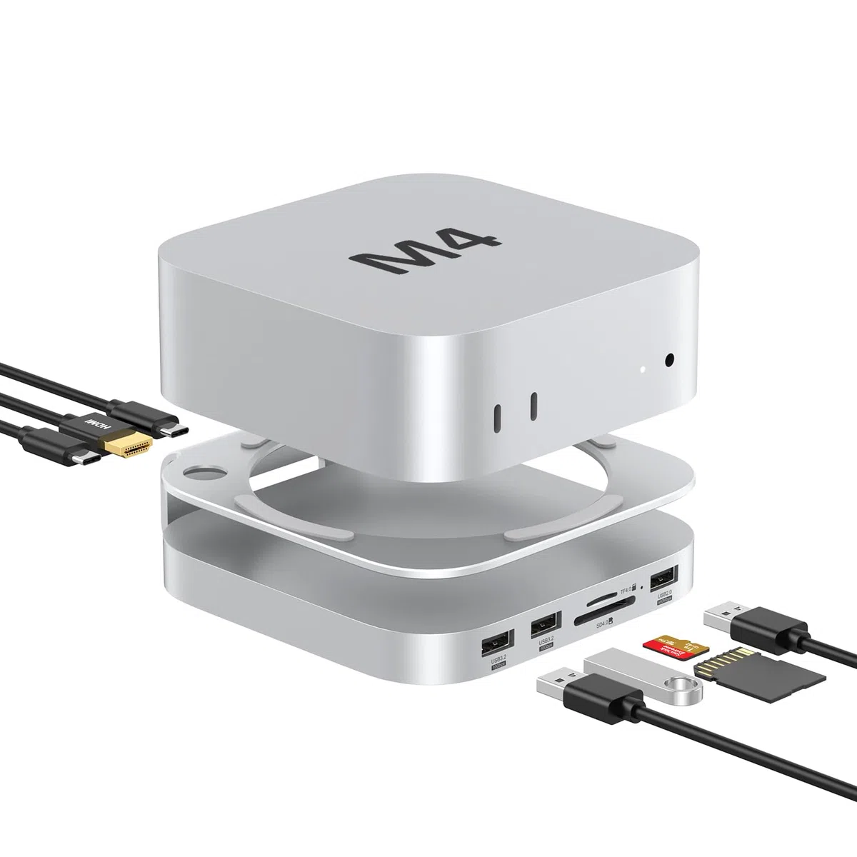AKKYAJAURE Mac mini-Hub: 10-in-1 Aluminium-Ständer und Dock für Mac mini M4 Pro mit M.2 NVMe SSD-Gehäuse, 4K60hz HDMI, 10 Gbit/s USB-A x 2, SD/TF-Kartenleser, USB 2.0