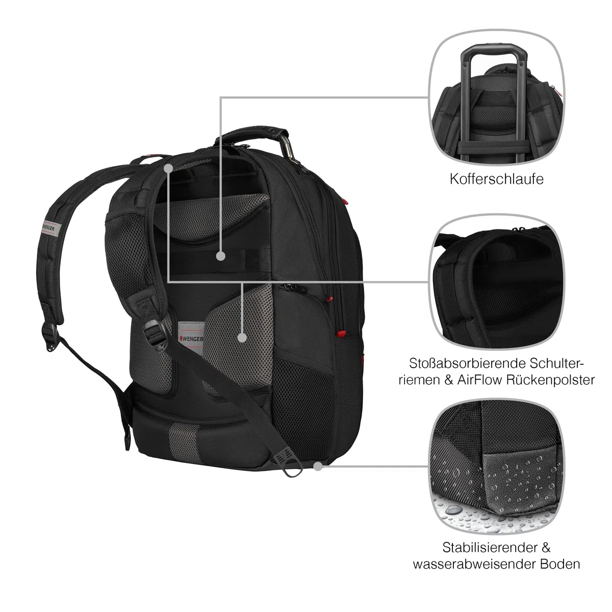 WENGER Pegasus Deluxe Laptop-Rucksack, Notebook 14 bis 16 Zoll, Tablet bis 10 Zoll, 25 l, Damen Herren, Business Uni Schule Reisen, Schwarz, 606492