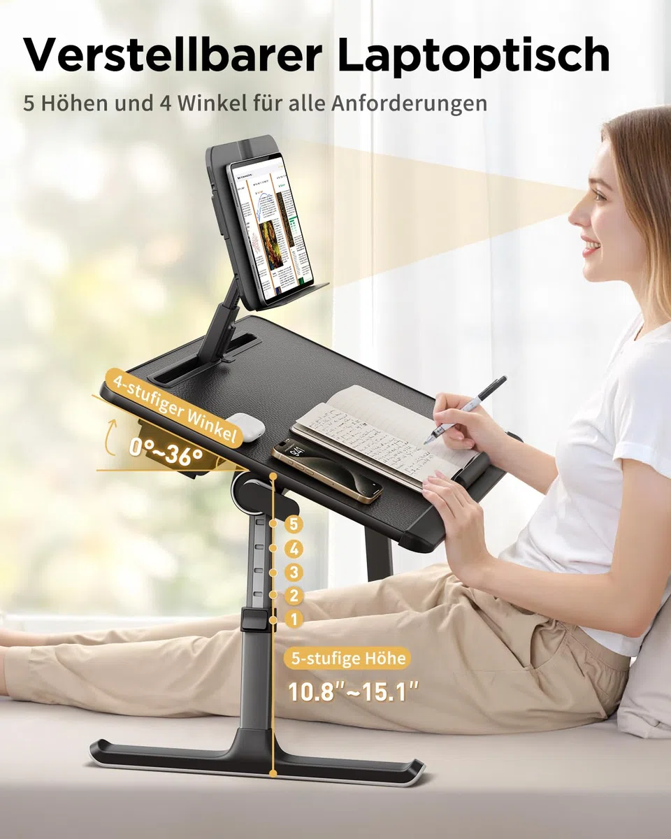 SAIJI Laptop Tisch [Premium XXL Extra Groß] mit Höhenverstellbarem Lesepult, Vielseitig Einsetzbarer Premium Bett Tisch, Faltbarer Laptoptisch fürs Bett mit Schublade (Schwarz)