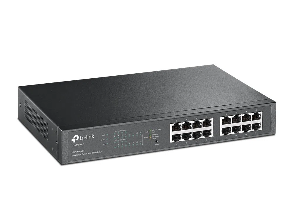 TP-Link TL-SG1016PE 16-Port Gigabit Easy Smart Switch mit 8-Port PoE+, bis zu 30 W pro Port und 150 W insgesamt, geschirmte RJ-45-Ports, 802.3af/at, Plug and Play, mit Lüfter