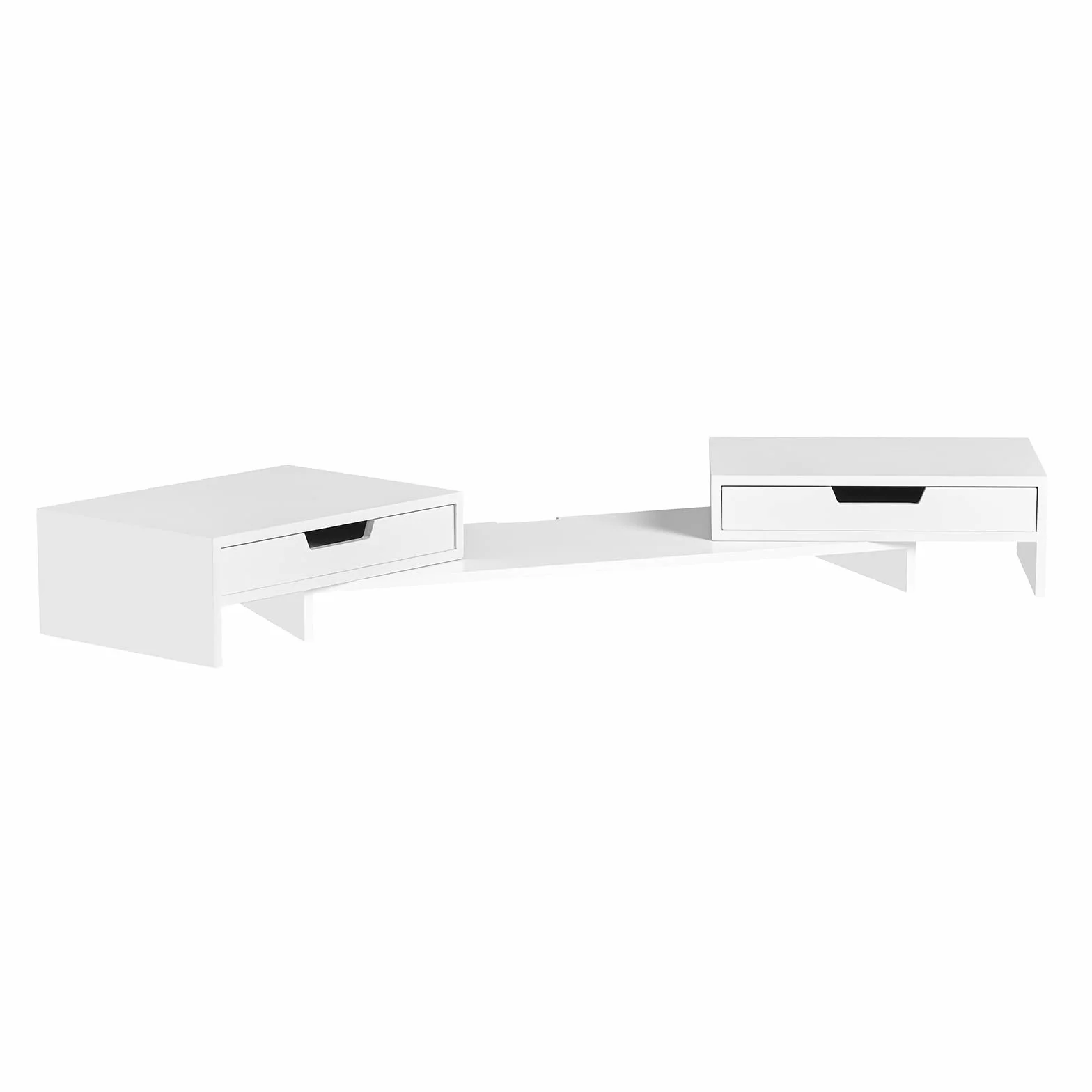 SoBuy Breitenverstellbarer Monitorständer mit 2 Schubladen, Schreibtisch Organizer, Bildschirmständer für 2 Monitore, Monitorerhöhung für Schreibtisch, Büro Organizer, Weiß, 60–107x11x22cm BBF04-W