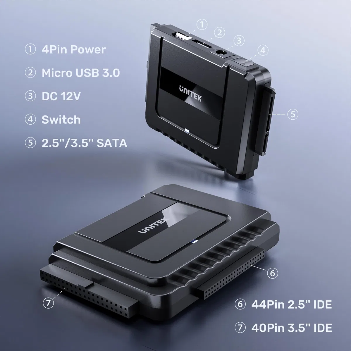 UNITEK IDE SATA Adapter auf USB, Externe Festplattenadapter für 2,5 3,5 Zoll HDD SSD, USB-C-Datenkabel mit USB-A Adapter und 12 V/2 A Netzadapter im Lieferumfang enthalten