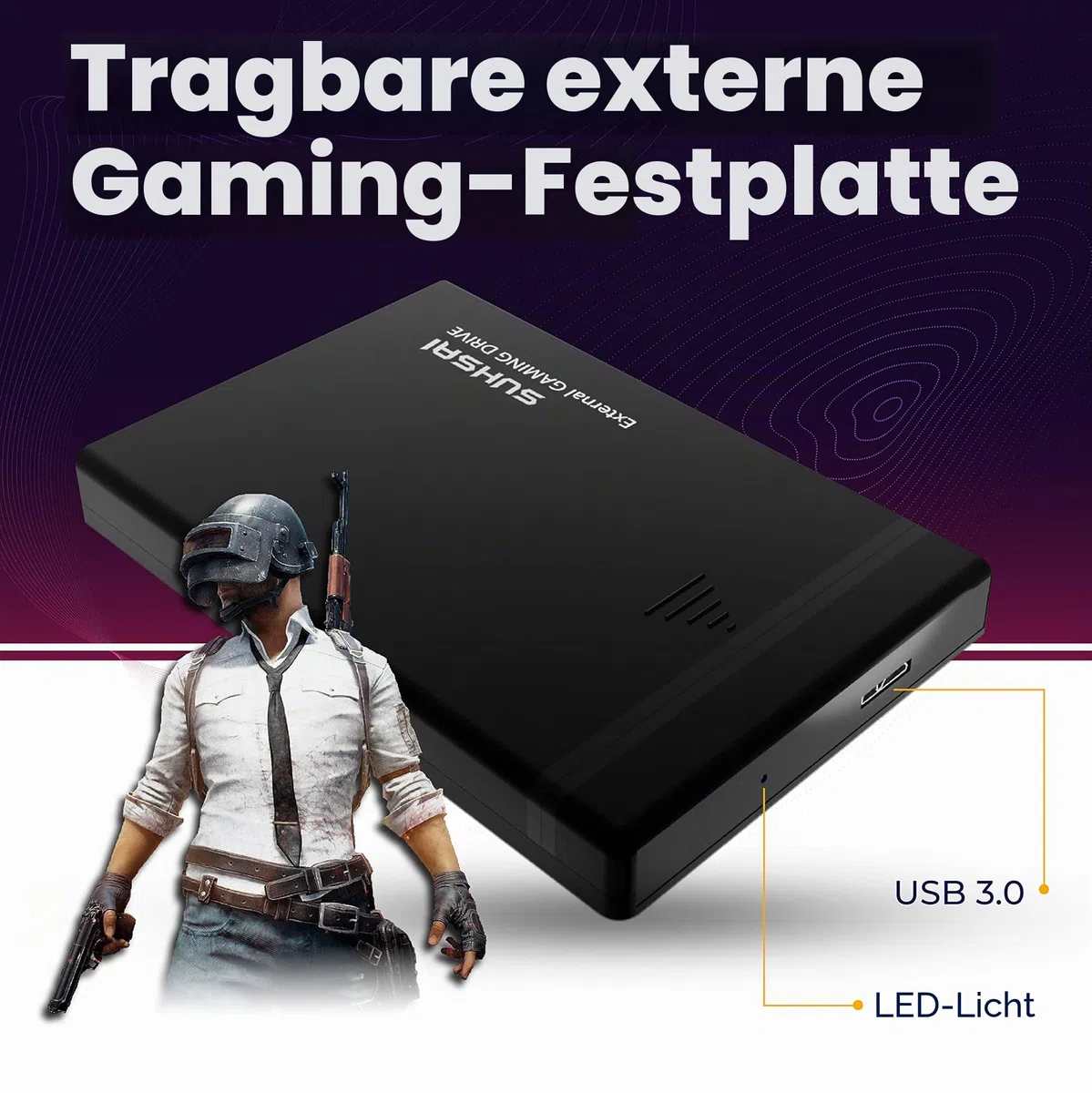 Storite SUHSAI Externe Gaming-Festplatte, tragbares USB 3.0-Laufwerk, 2,5-Zoll-Hochgeschwindigkeitsfestplatte, Backup-Laufwerk, kompatibel mit Laptop, PC, Mac, Spielekonsole (1 TB)