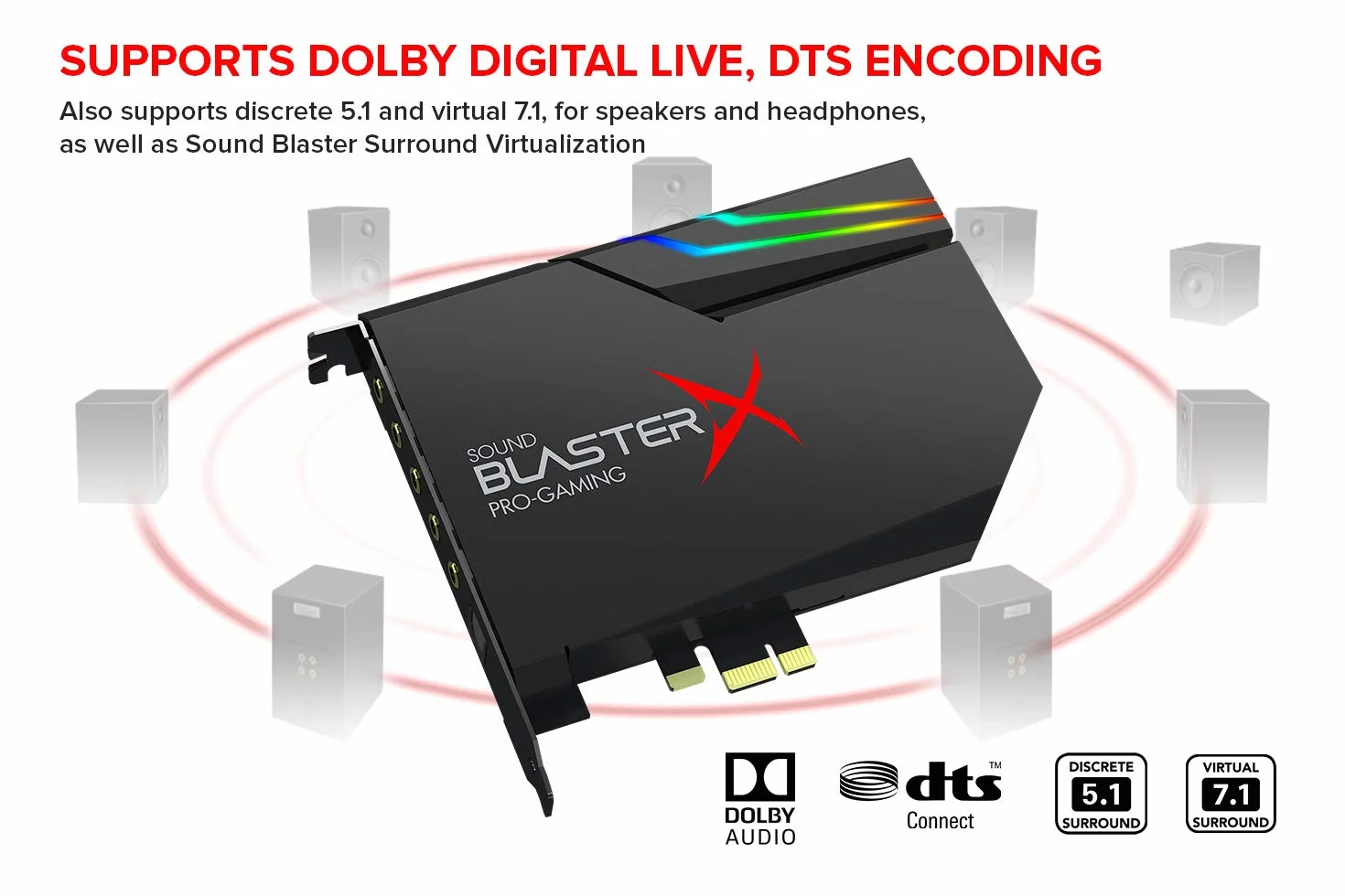 Creative Sound BlasterX AE-5 Plus SABRE32 Hochauflösende PCI-e-Gaming-Soundkarte und DAC mit 32-Bit / 384 kHz, Dolby Digital und DTS mit bis zu 122 dB Rauschabstand, RGB-Aurora-Beleuchtungssystem