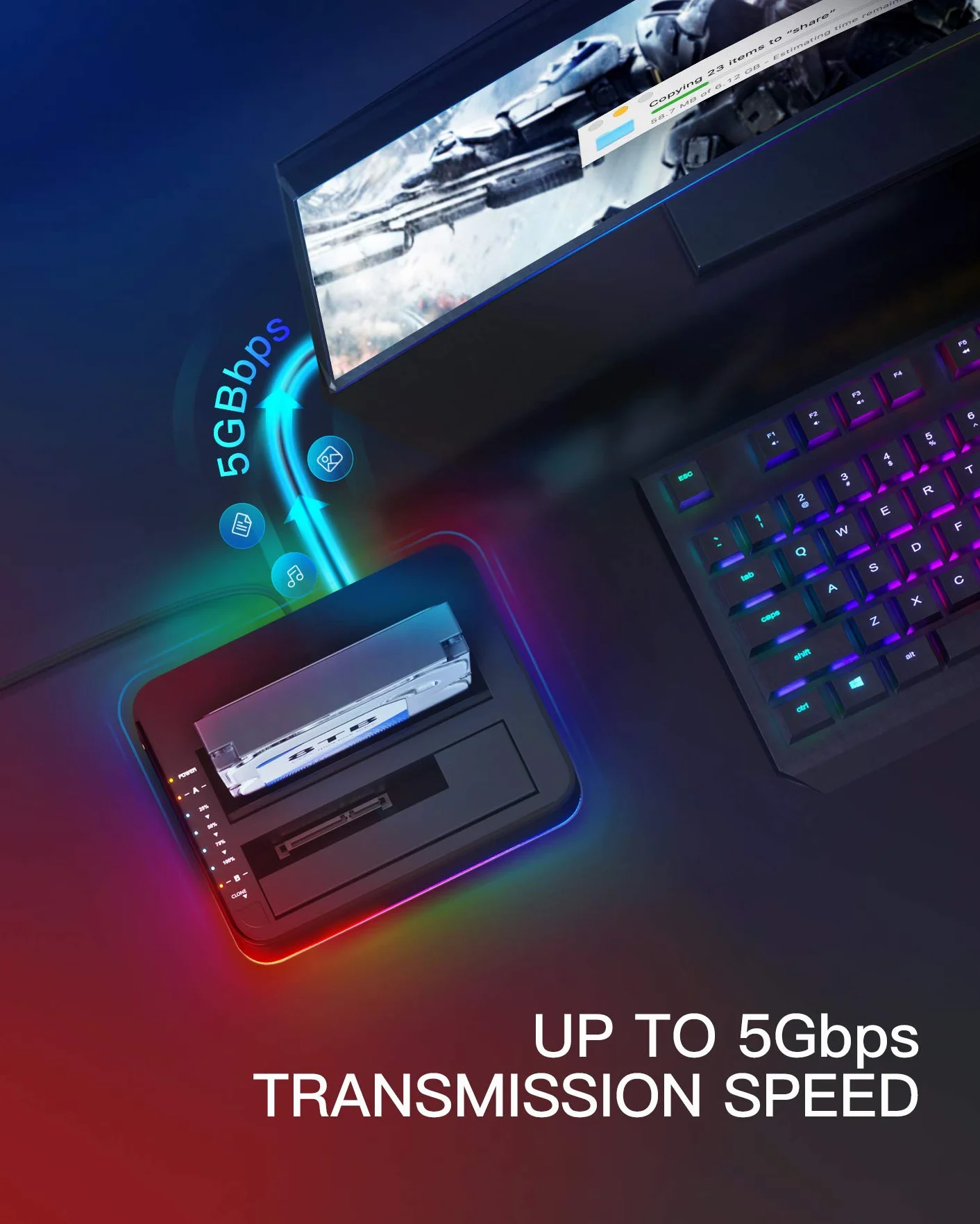 Inateck RGB Festplatten Dockingstation USB 3.0 mit Offline-Klonfunktion, für 2.5 u. 3.5 Zoll SATA HDDs und SSDs, UASP Unterstützt, Schwarz
