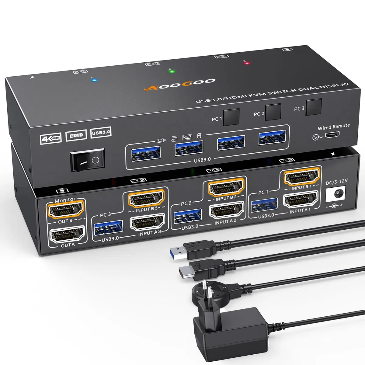 HDMI KVM Switch 3 PC 2 Monitore 4K@60Hz mit EDID Emulator, Dual Monitor KVM Switch 4 USB 3.0 Anschlüssen, inklusive Netzteil kabelgebundener Fernbedienung und Kabeln