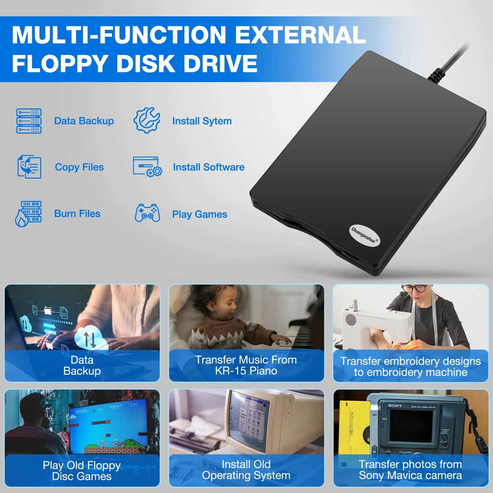 Externes USB-Diskettenlaufwerk für PC, Windows 2000/XP/Vista/7/8/10, 8,9 cm (3,5 Zoll), tragbar, 1,44 MB FDD, für PC, Windows 2000/XP/Vista/7/8/10, für Mac, kein zusätzlicher Treiber erforderlich, Plug and Play, Schwarz