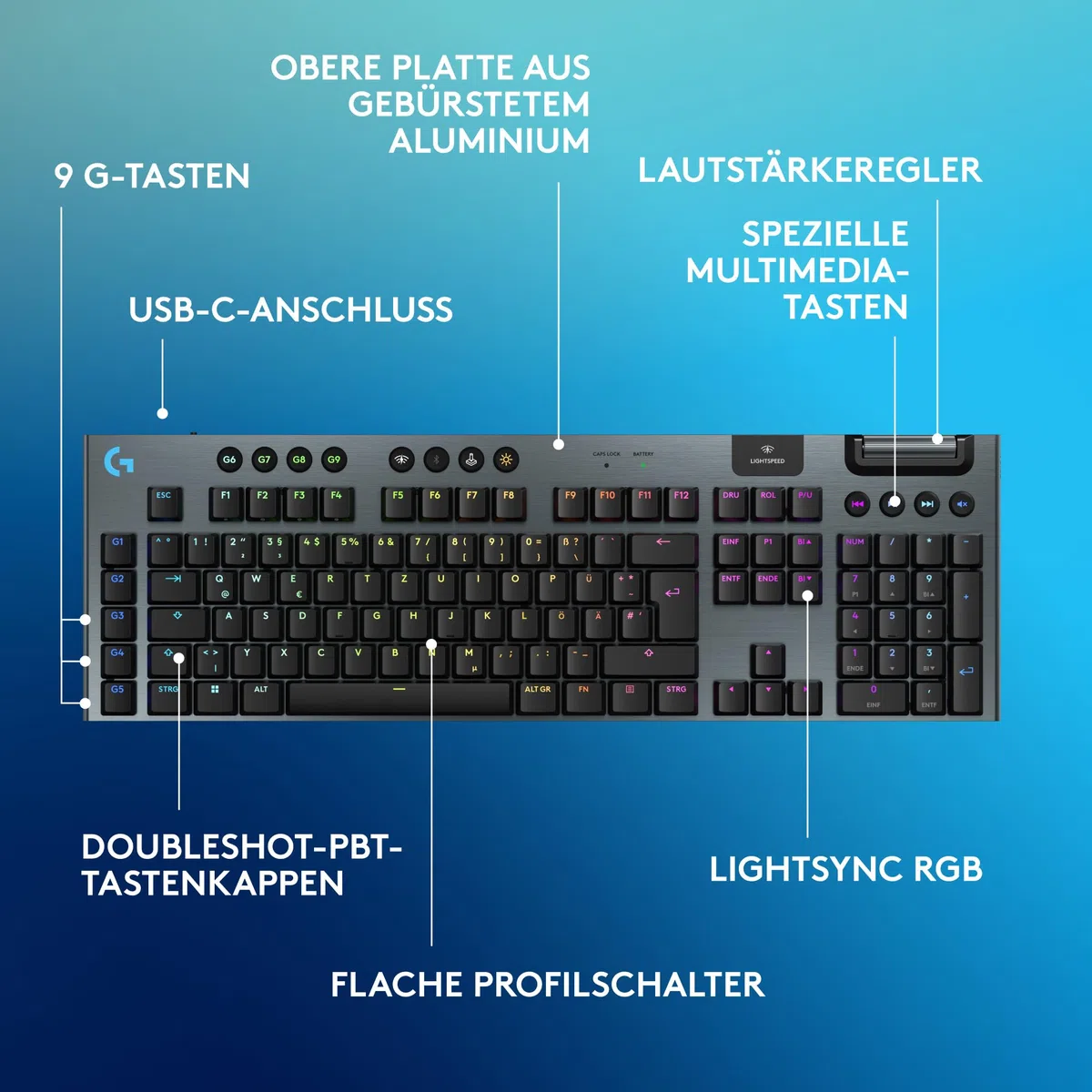 Logitech G G915 X Lightspeed - Kabellose, Flache Gaming-Tastatur, Double-Shot-PBT-Tastenkappen, voll programmierbare Tasten, RGB-Hintergrundbeleuchtung, GL Brown-Tactile, PC/Mac, DEU QWERTZ -Schwarz