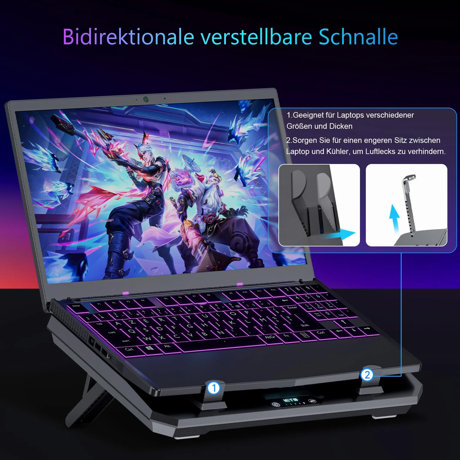 IETS GT300 Verbessertes Laptop-Kühlpad mit verstellbarem Ständer, Turbo-Kühler für schnelle Kühlung, 10-17 Zoll Gaming-Laptop, Flexibler Dichtungsring, mit Verstellbarer Luftfilterklemme (GT300B0)