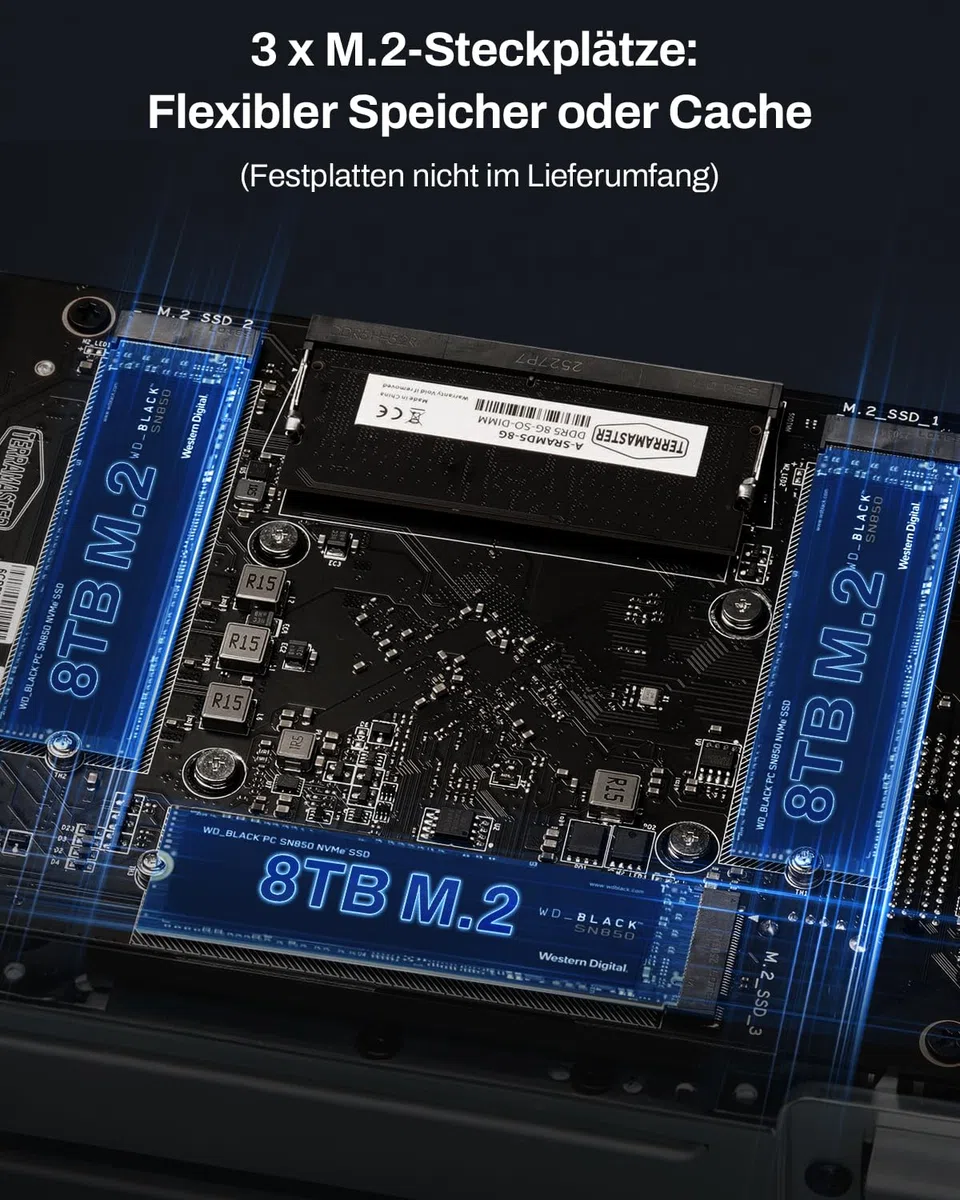TERRAMASTER F2-425 Plus NAS-Speicher mit 2 Einschüben, Intel N150 Quad-Core CPU, 8 GB DDR5 RAM, 2X 5GbE LAN, 3X M.2 Steckplatz, Netzwerkspeicher für Teamarbeit und Multimedia-Server (ohne Festplatte)