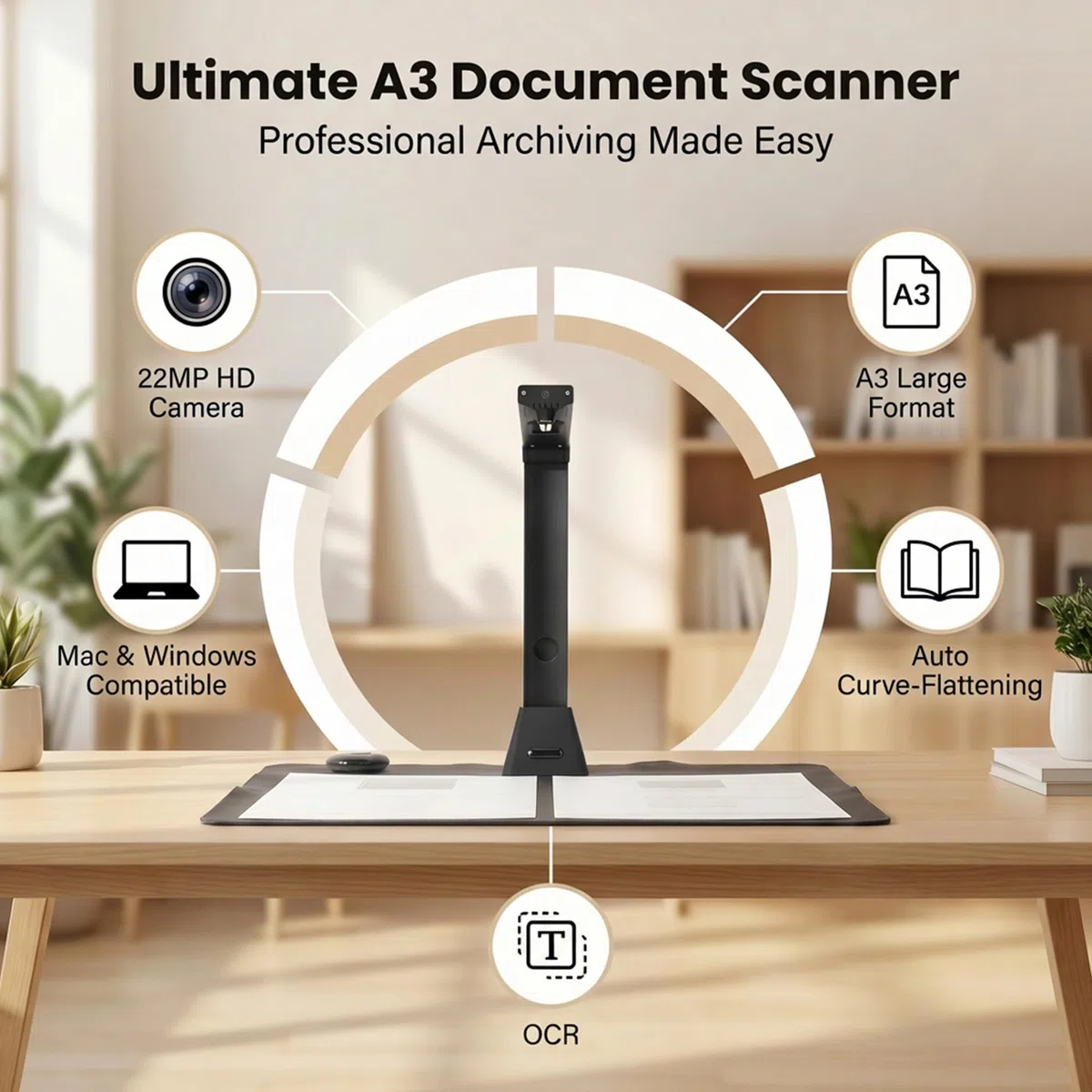 Dokumentenscanner A3 Scanner 22MP: OCR für 130 Sprachen USB Dokumentenkamera mit 4 LED für Schule Büro Archiv Homeoffice